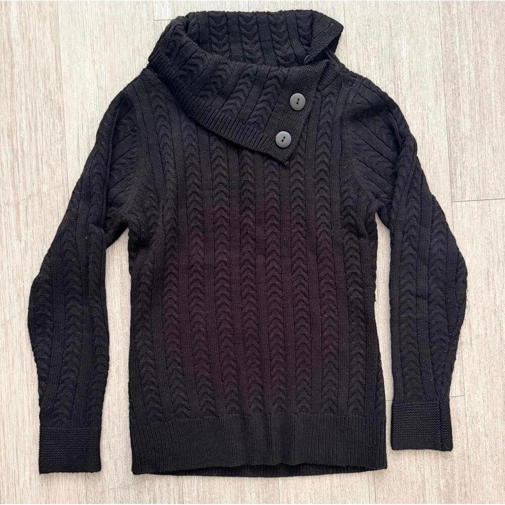 St John's Bay Black Cable Knit Sweater with Buttoned Collar sz S